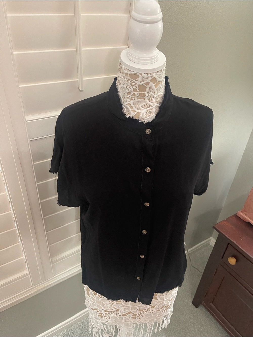 Women's Black Short-Sleeve Button-Front Top with Stand Collar